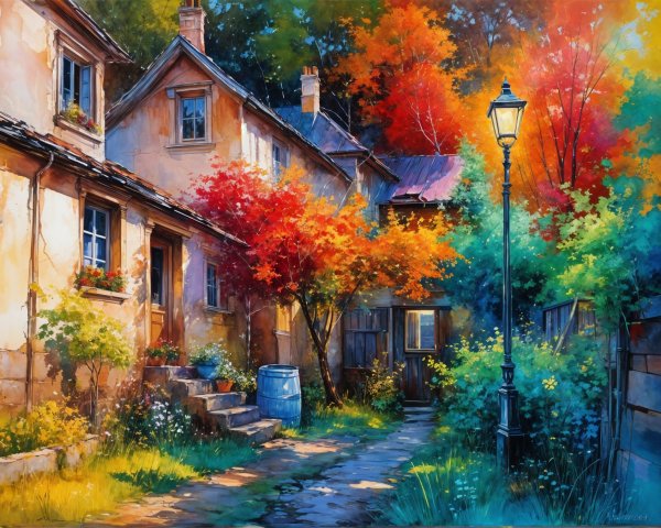 Charming Alleyway with Colorful Autumn Foliage