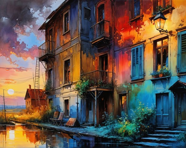 Vibrant Sunset Over Rustic Building and Waterway