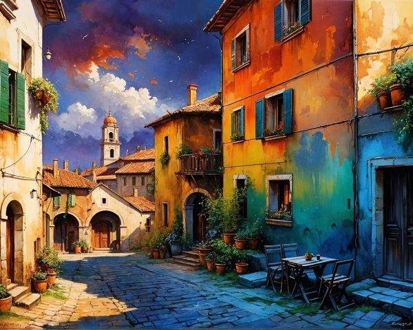 Vibrant Sunlit Street Scene with Colorful Buildings
