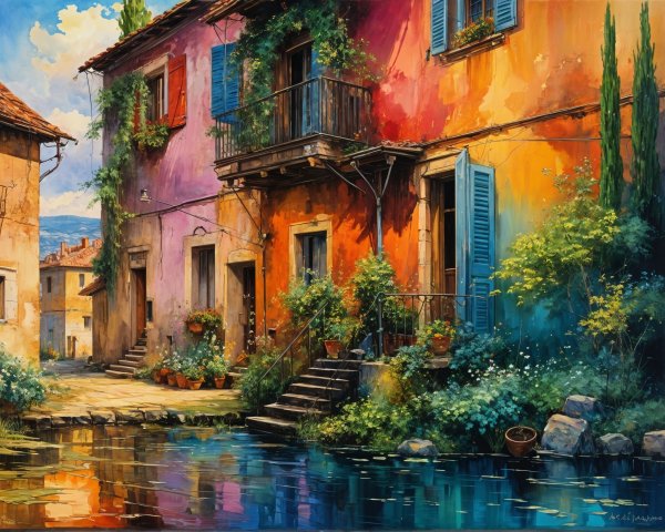 Picturesque Canal-Side Village with Colorful Buildings