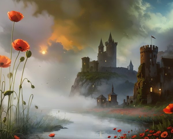 Majestic Castle in Mystical Landscape at Sunset