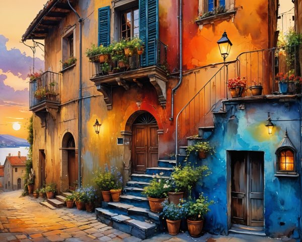 Charming Cobblestone Street at Sunset in a Village