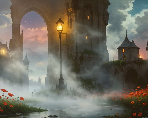 Illuminated Archway in Mystical Twilight Landscape