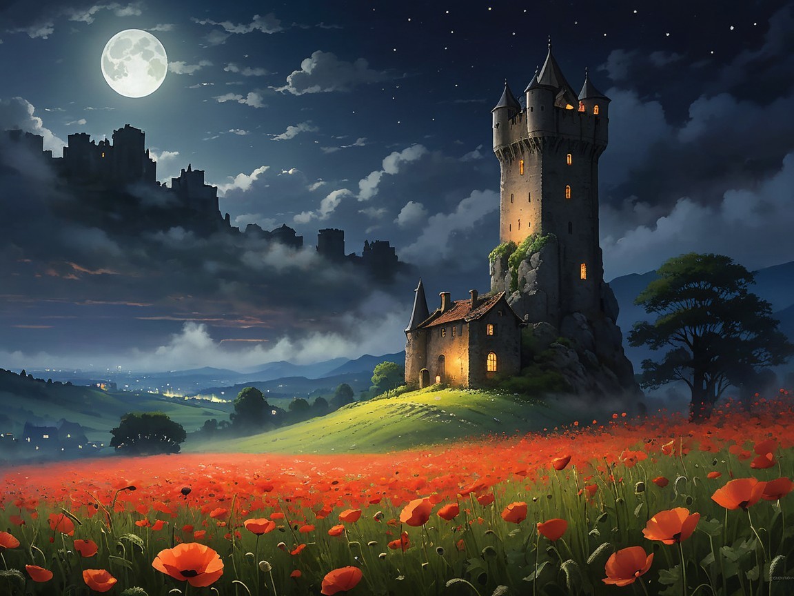 Mystical Tower Scene Under Full Moon with Poppies