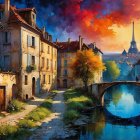 Quaint Village Scene with Eiffel Tower at Sunset