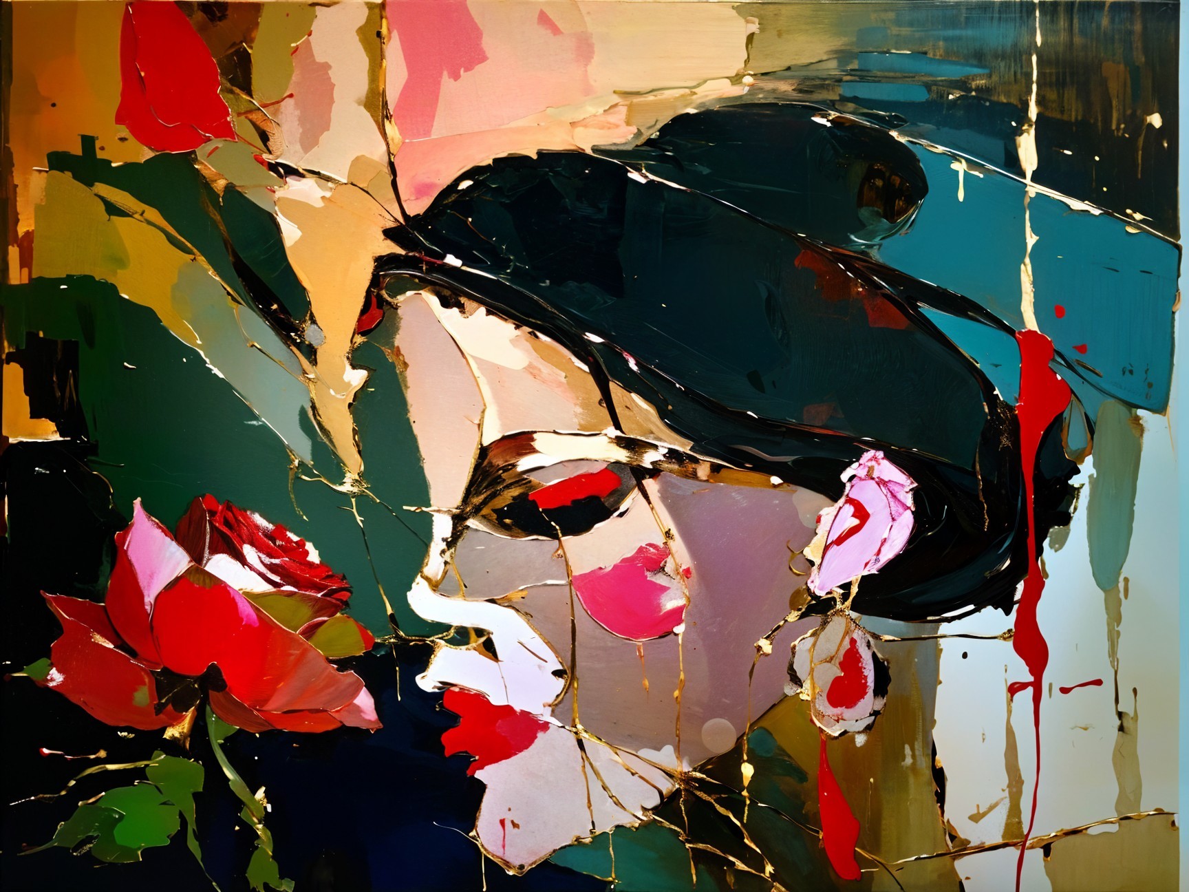 Vibrant Abstract Woman's Face with Rose and Gold Accents