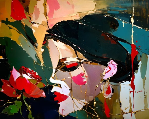 Vibrant Abstract Woman's Face with Rose and Gold Accents