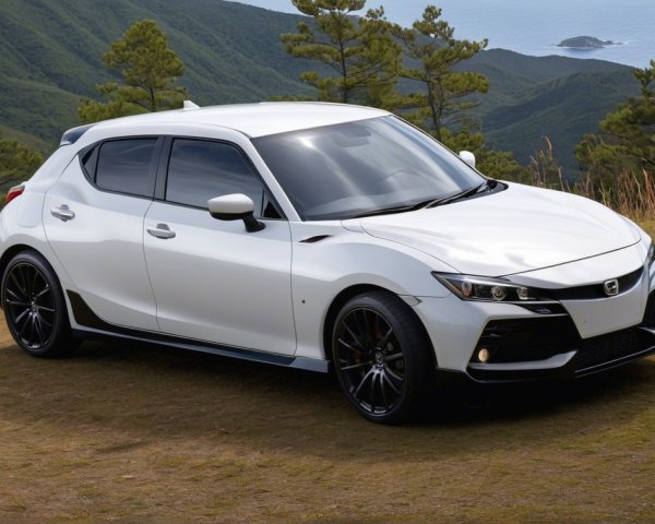 White Hatchback on Grassy Knoll with Ocean View
