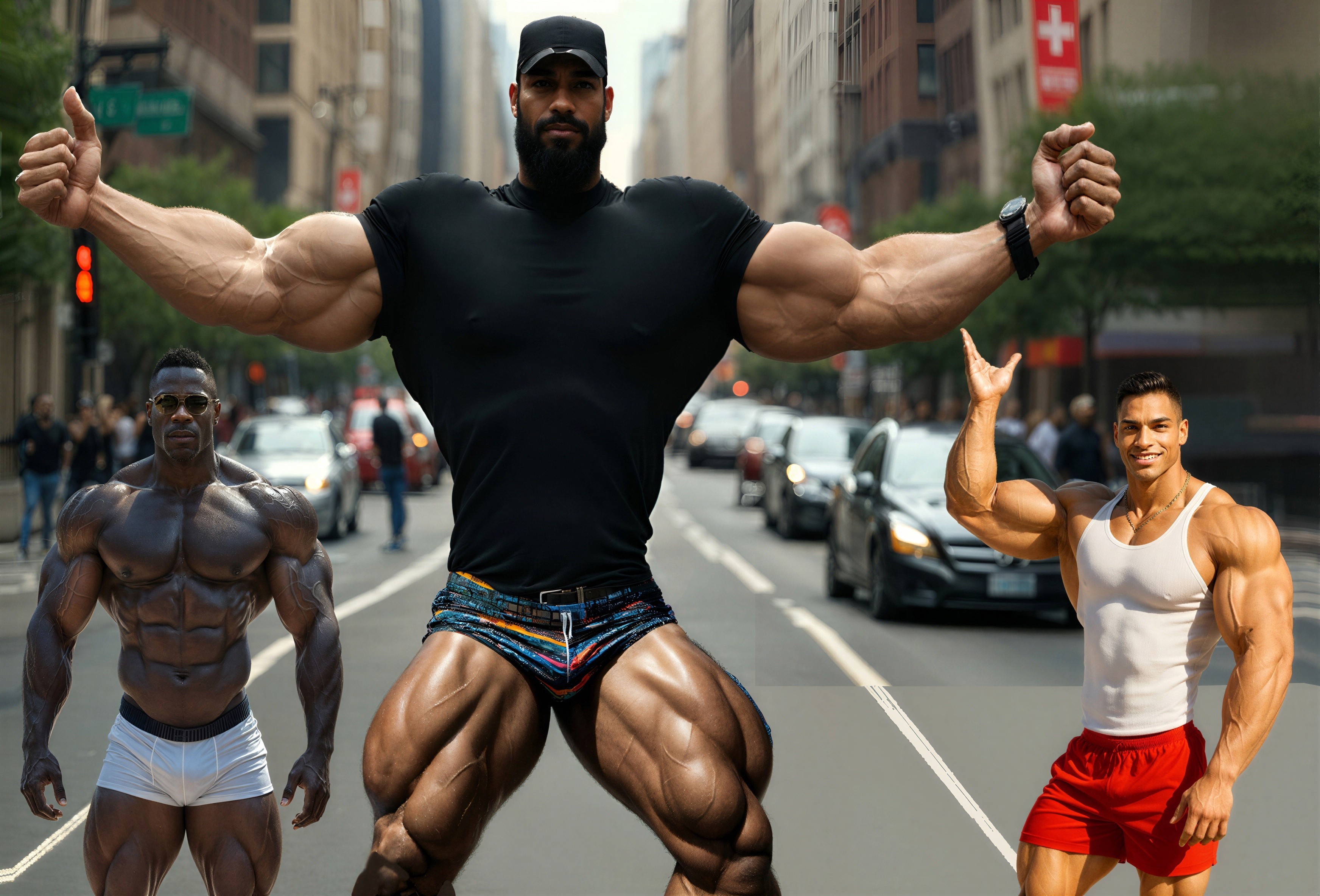 Muscular Male Bodybuilders Posing on Urban Street