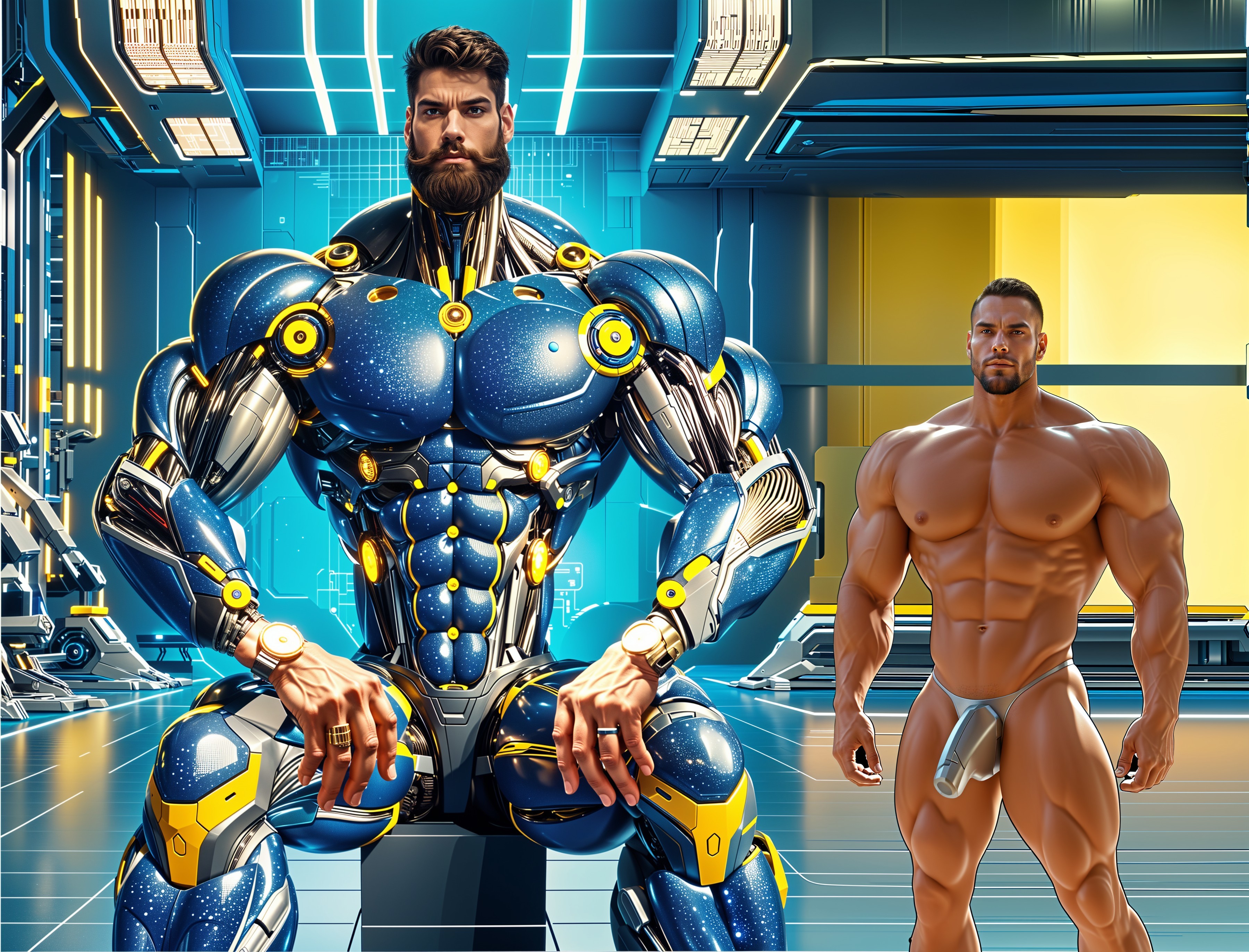 Futuristic Scene with Robot and Muscular Human Figure