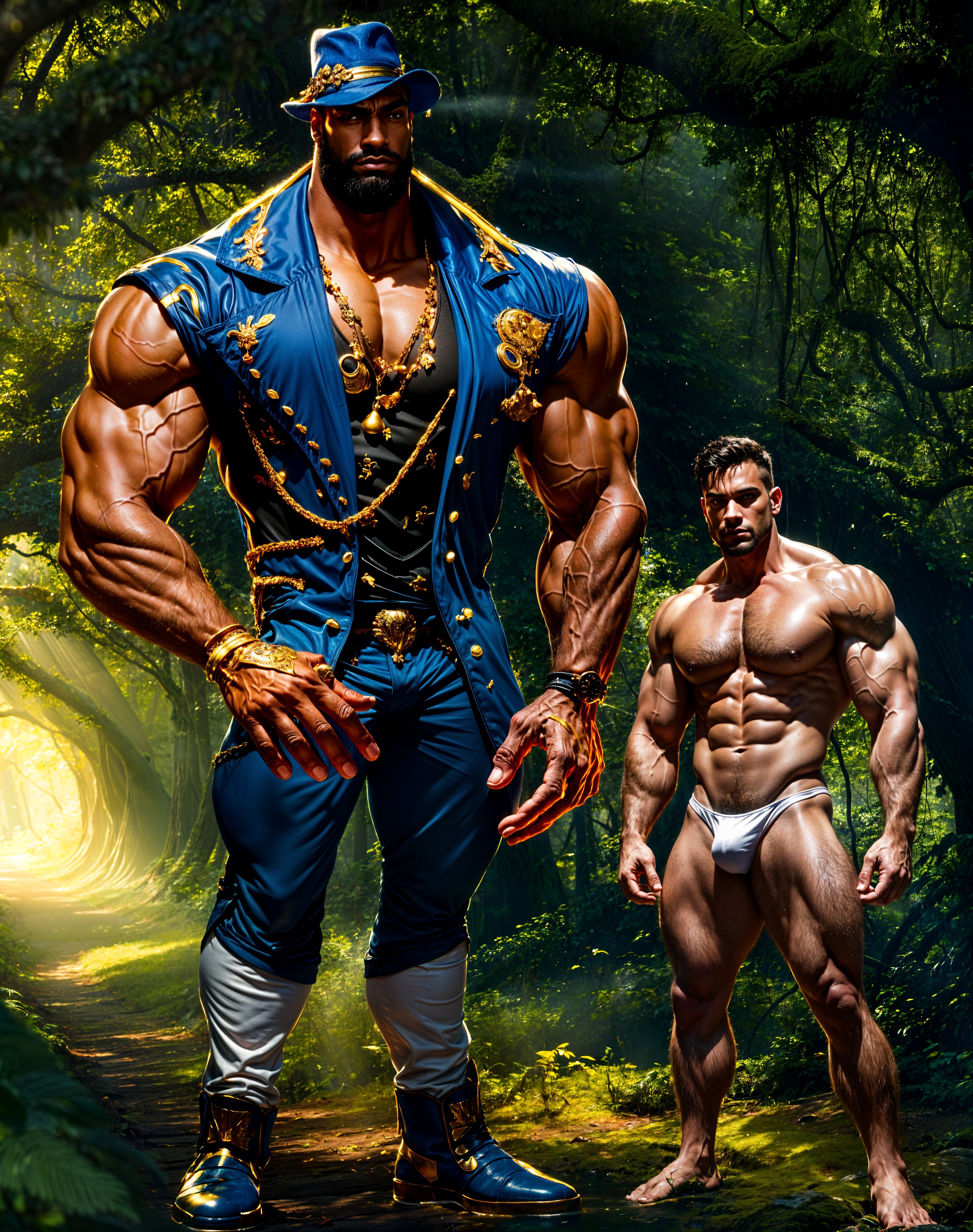 Surreal Forest Scene with Muscular Figures in Sunlight
