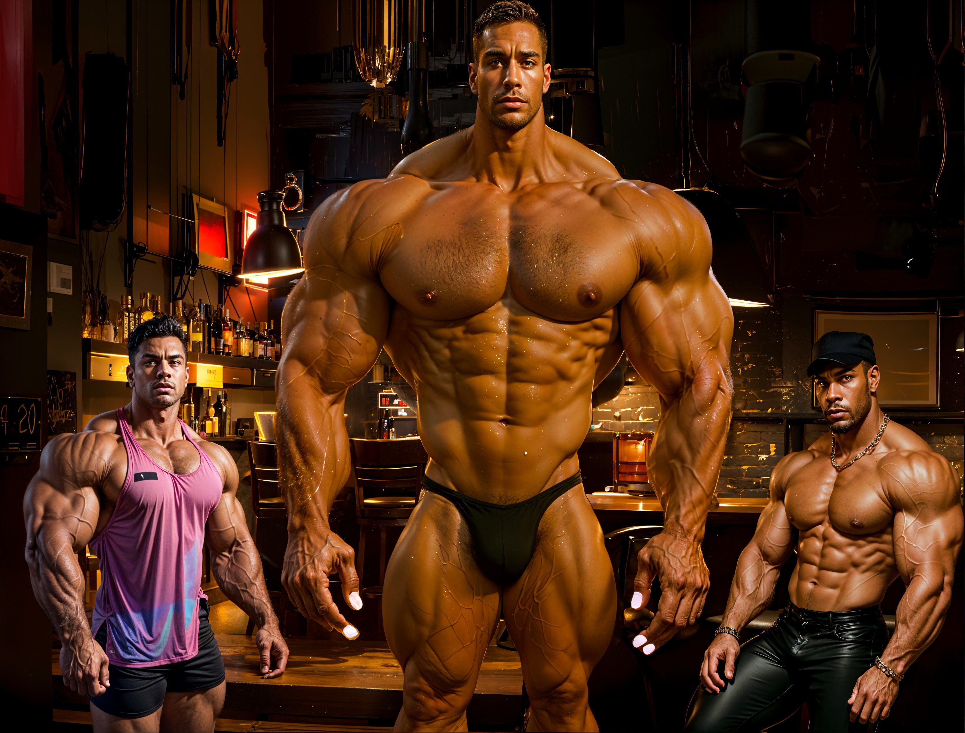 Three Bodybuilders Posing in Dimly Lit Bar Setting