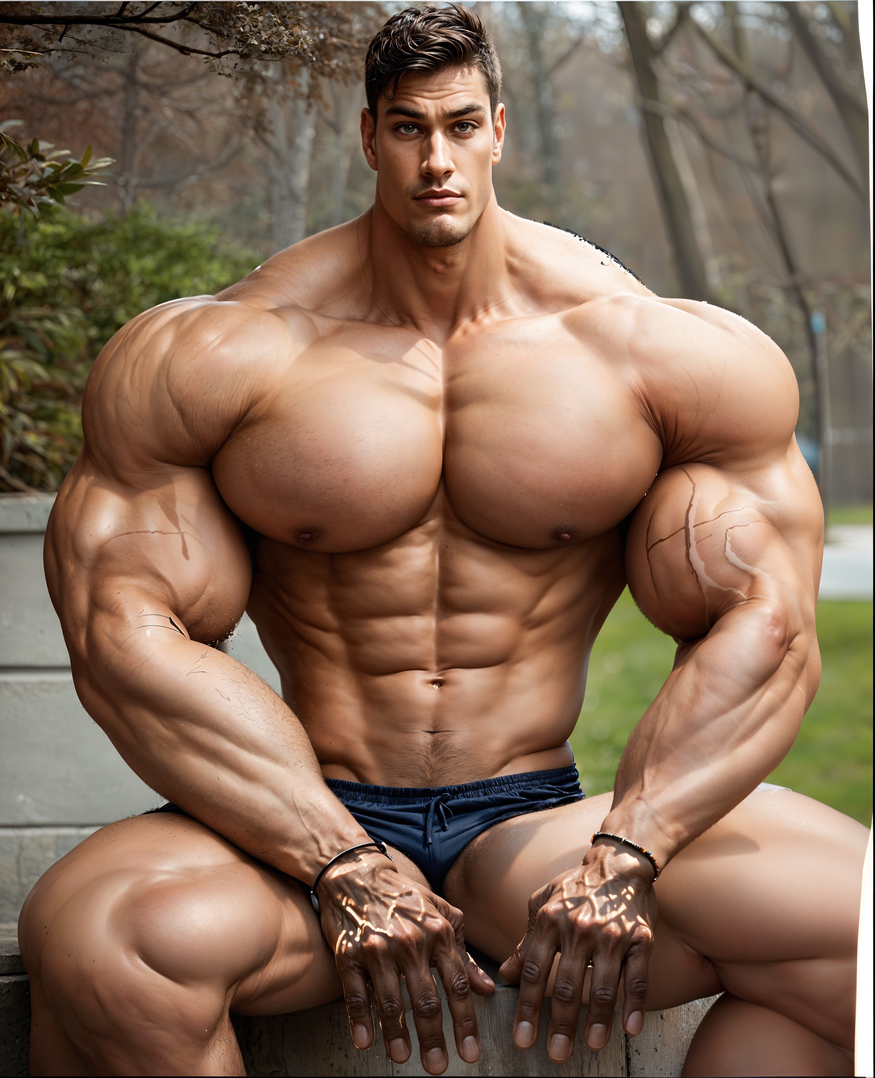 Muscled Man Posed Against Stone Wall in Nature