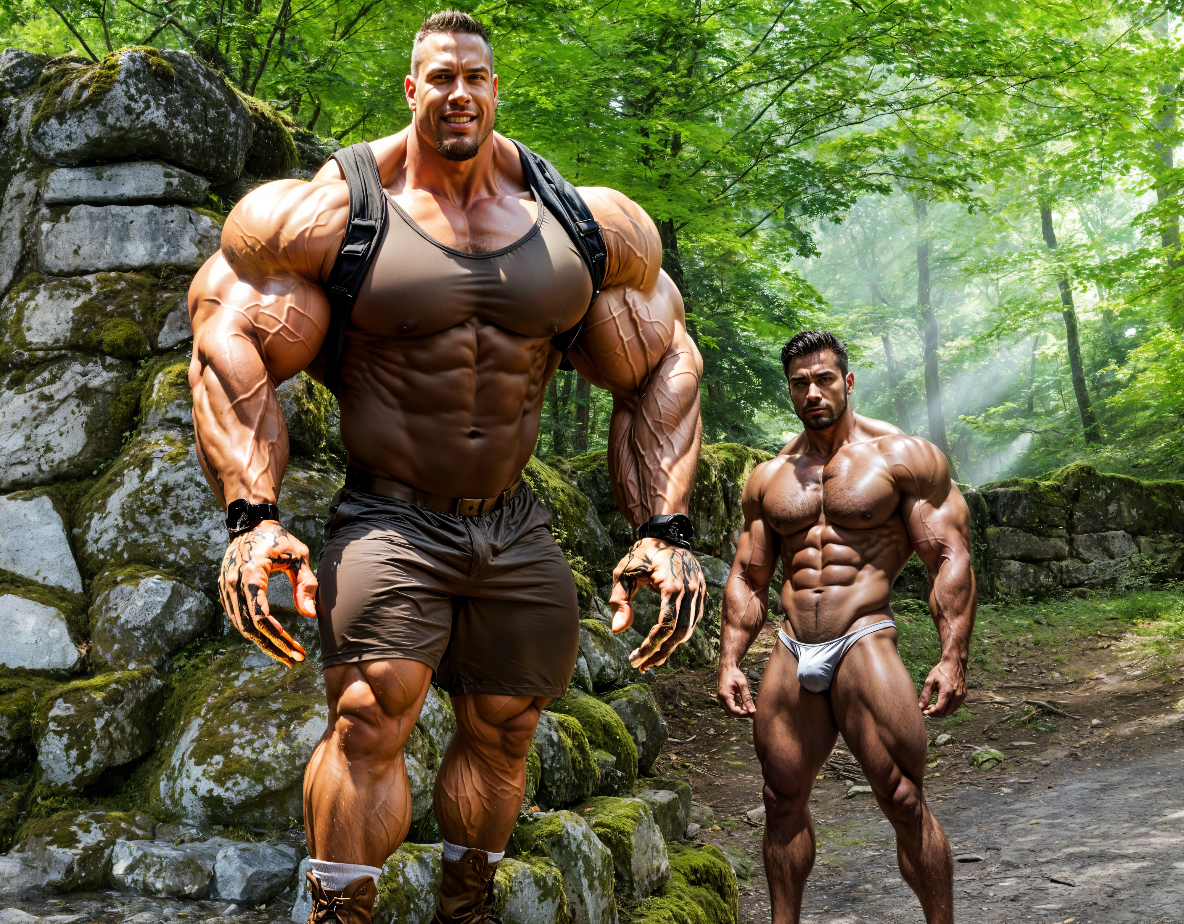 Bodybuilders Posing in a Lush Green Forest Setting