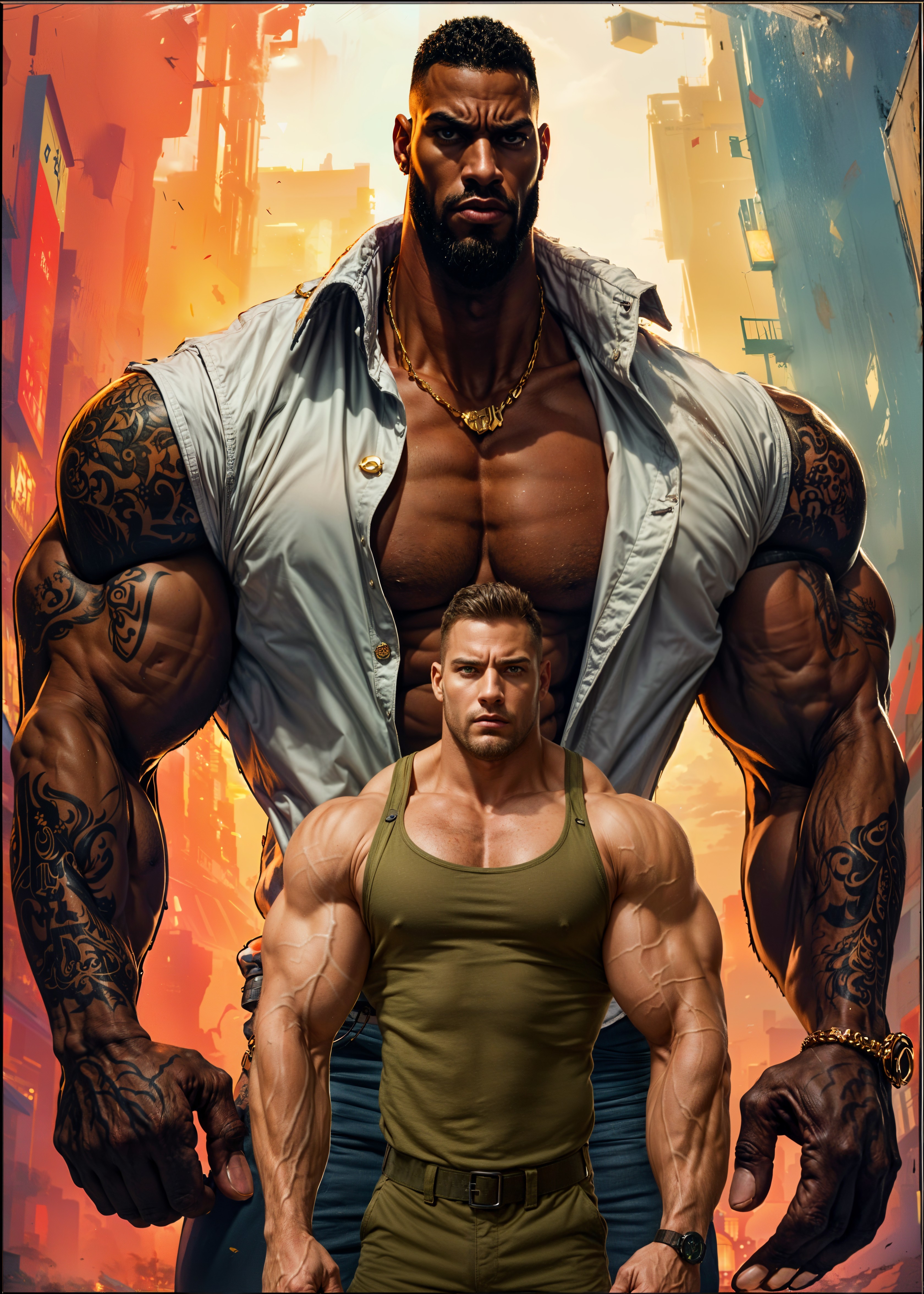 Muscular Figures in Vibrant Urban Setting