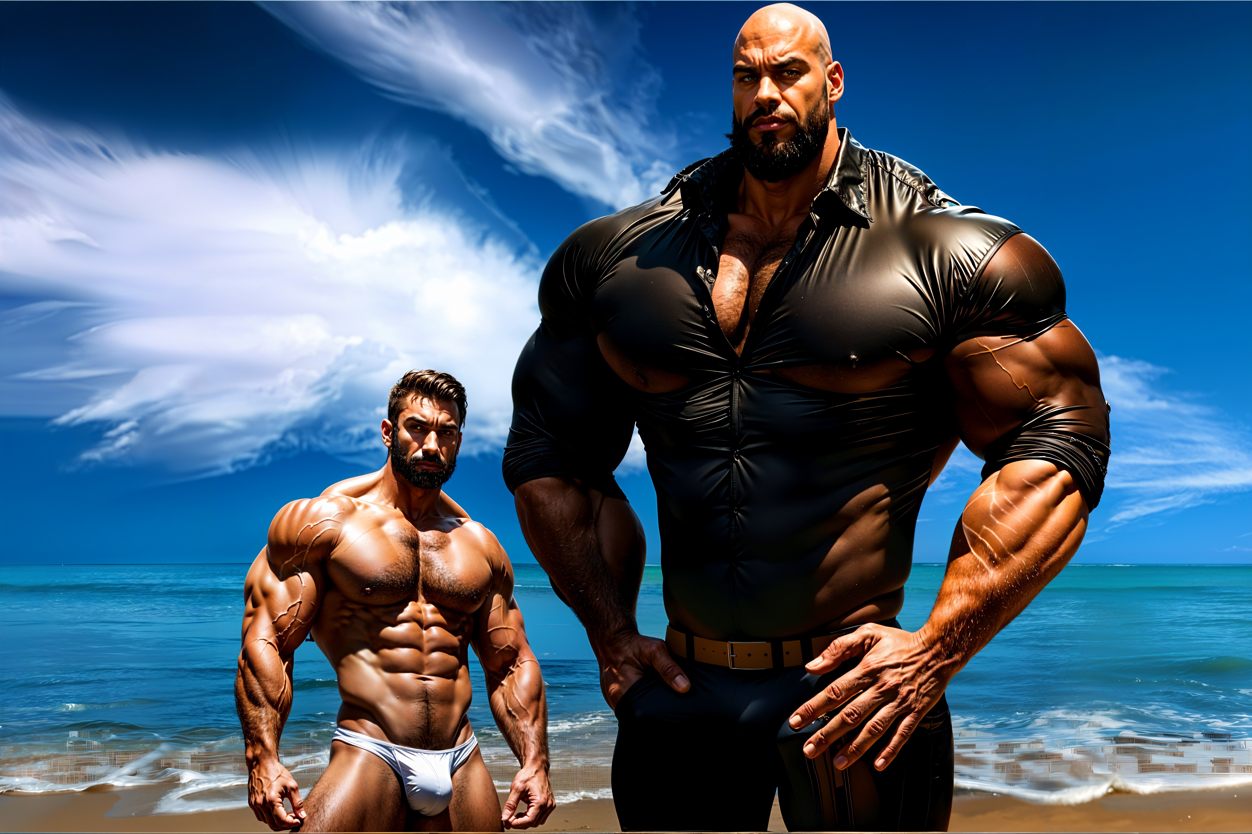 Muscular Men on Beach with Dynamic Ocean Background