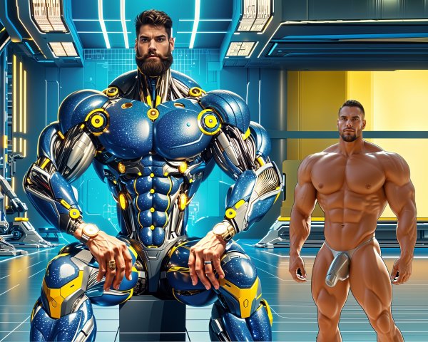 Futuristic Scene with Robot and Muscular Human Figure