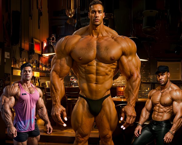 Three Bodybuilders Posing in Dimly Lit Bar Setting