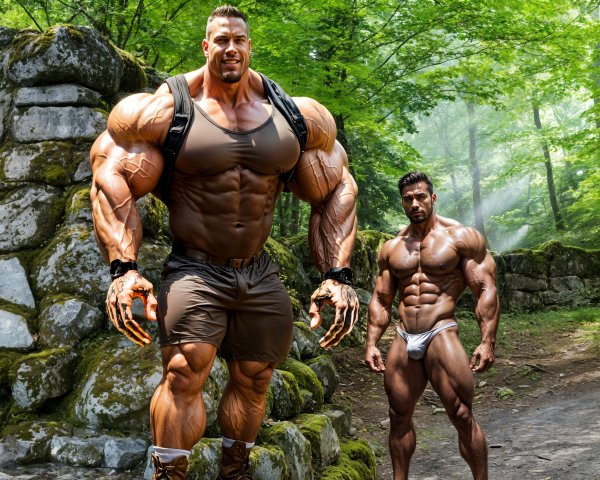 Bodybuilders Posing in a Lush Green Forest Setting