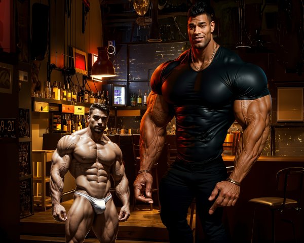 Muscular Men in Dimly Lit Bar Showcasing Physiques