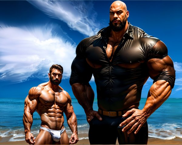 Muscular Men on Beach with Dynamic Ocean Background