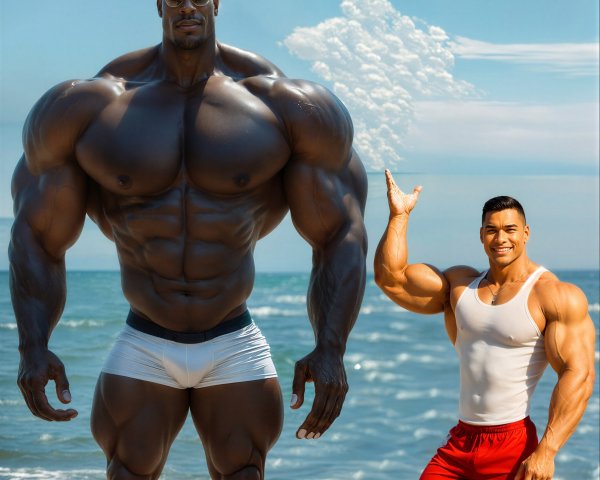 Muscular Men Posing on a Beach with Ocean Waves