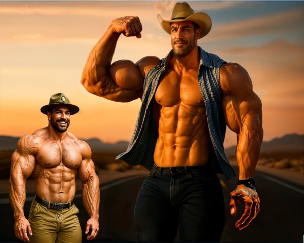 Muscular Men Posing Against Sunset in Desert Landscape