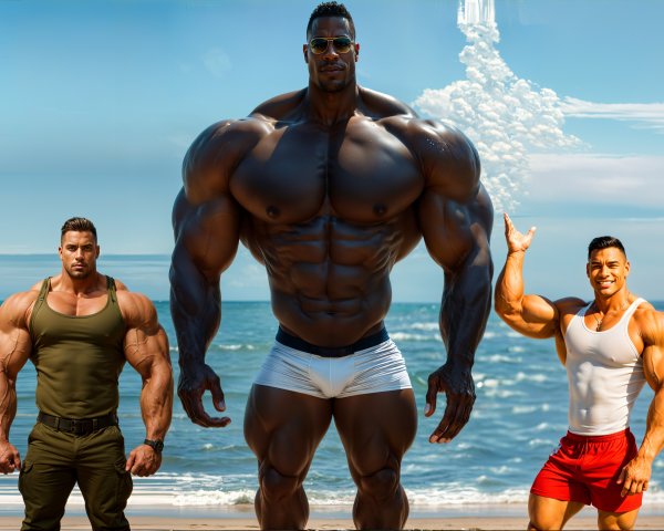 Muscular Men on Sandy Beach with Ocean Background