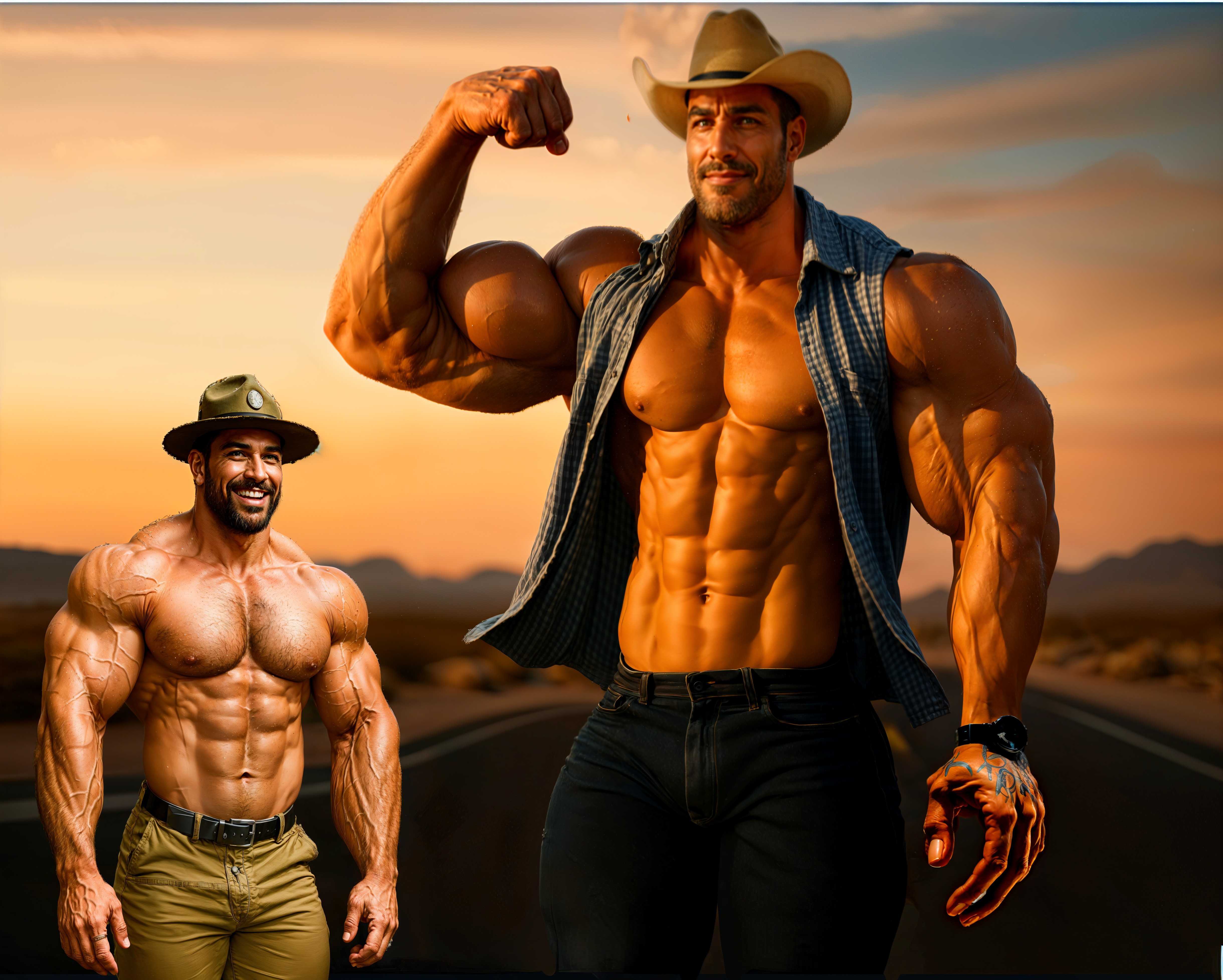Muscular Men Posing Against Sunset in Desert Landscape