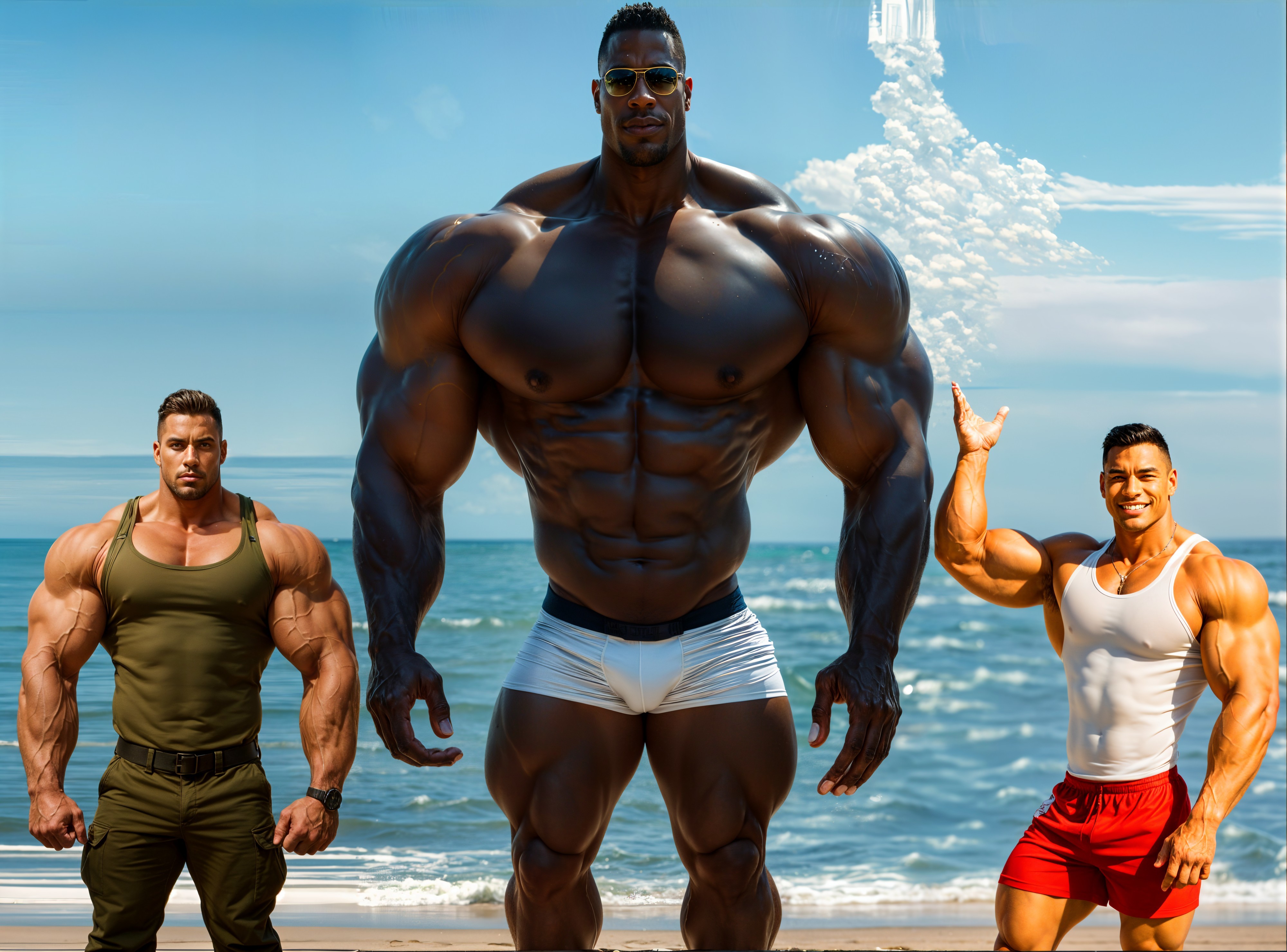 Muscular Men on Sandy Beach with Ocean Background