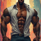 Confident Man in Vibrant Cityscape with Tattoos