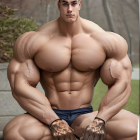 Muscled Man Posed Against Stone Wall in Nature