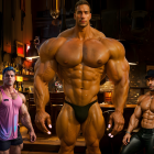 Three Bodybuilders Posing in Dimly Lit Bar Setting