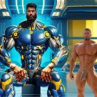 Futuristic Scene with Robot and Muscular Human Figure