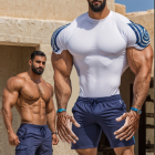 Muscular Men Posing Outdoors in Casual Attire