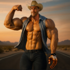 Muscular Man Posing on Deserted Road at Sunset
