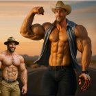 Muscular Men Posing Against Sunset in Desert Landscape
