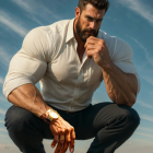 Muscular Man in Fitted Shirt Against Dramatic Sky