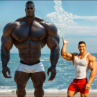 Muscular Men Posing on a Beach with Ocean Waves