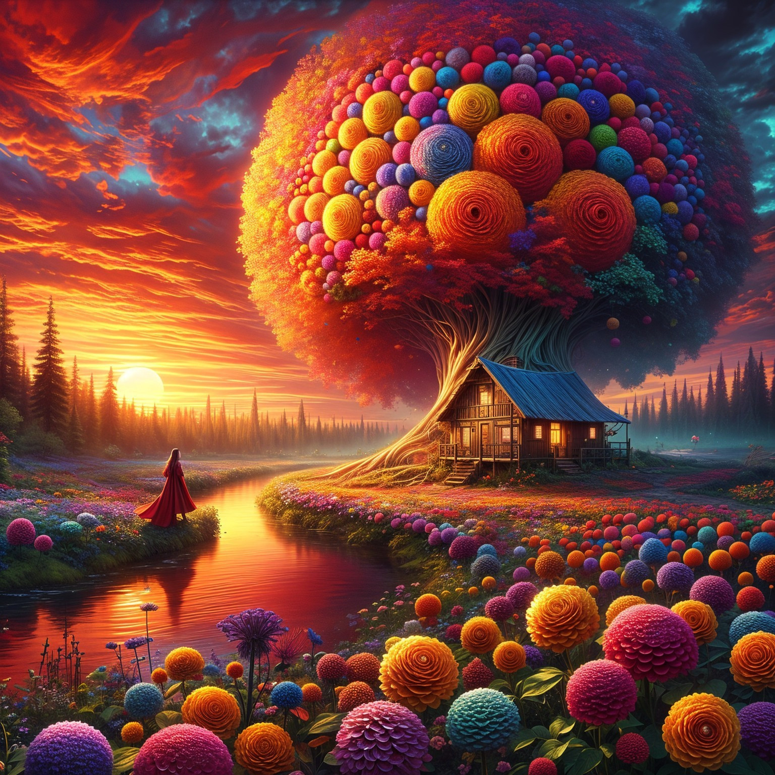 Surreal Landscape with Colorful Tree and Sunset