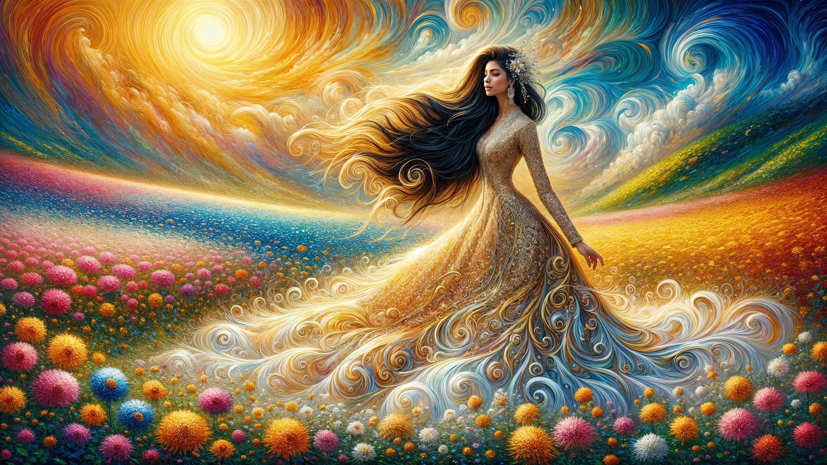 Woman in Ornate Gown Amidst Colorful Landscape