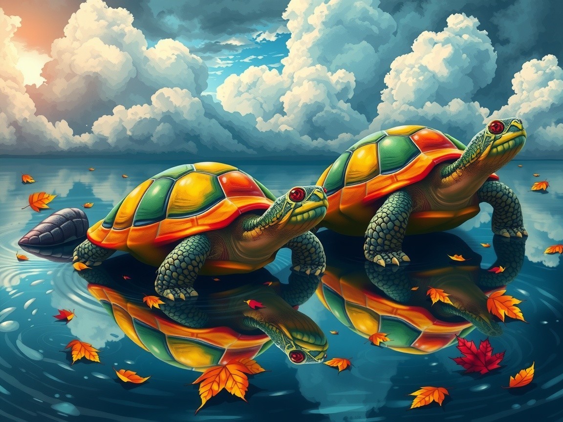 Colorful Turtles Swimming in Serene Sunset Waters