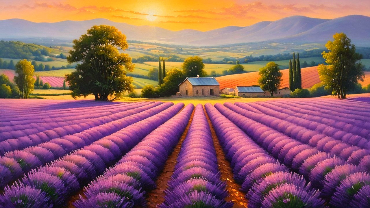 Vibrant Lavender Fields at Golden Sunset Landscape