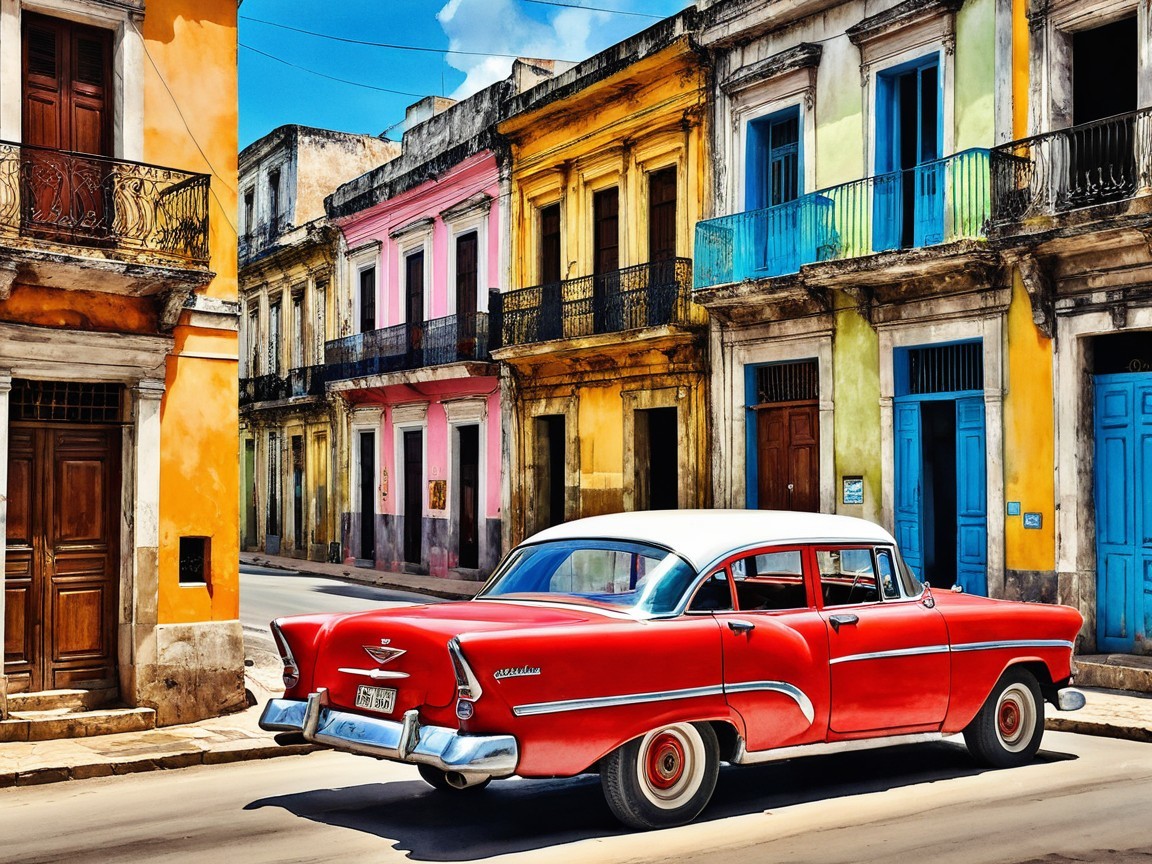 Red Vintage Car on Sunlit Street with Colorful Buildings