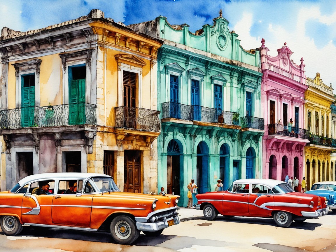 Vibrant Street Scene with Classic Cars and Colonial Architecture