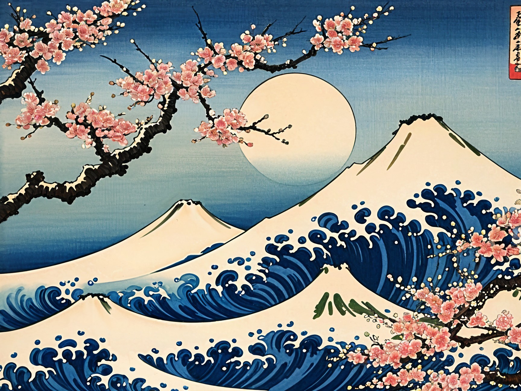 Serene Landscape with Mountains and Cherry Blossoms