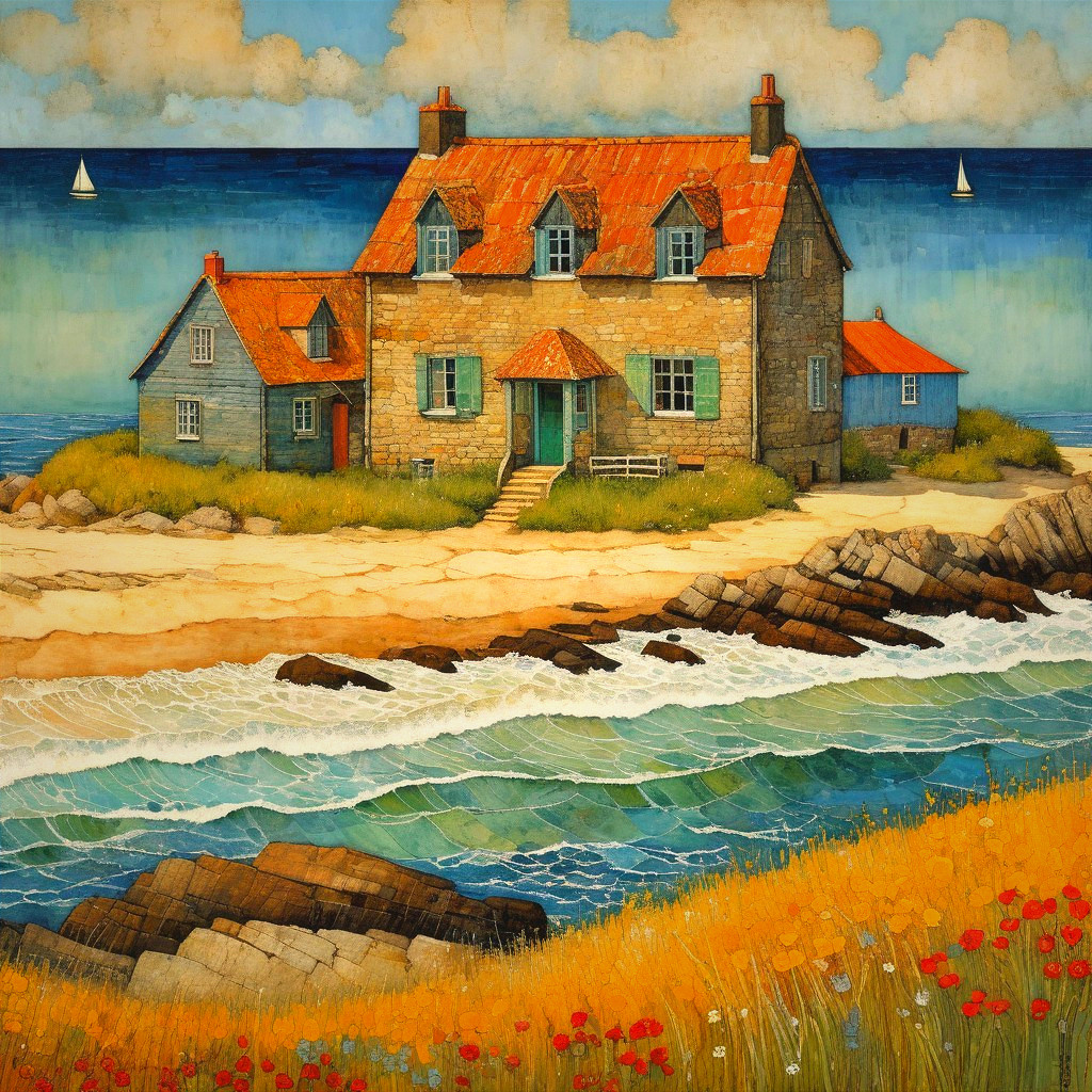 Coastal Scene with Stone House and Vibrant Wildflowers