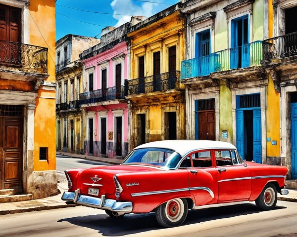 Red Vintage Car on Sunlit Street with Colorful Buildings