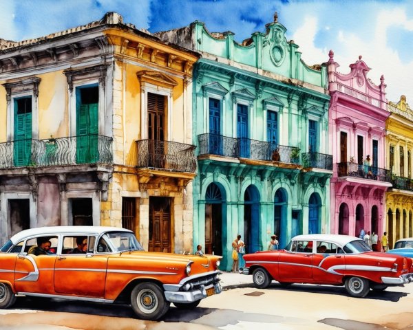 Vibrant Street Scene with Classic Cars and Colonial Architecture