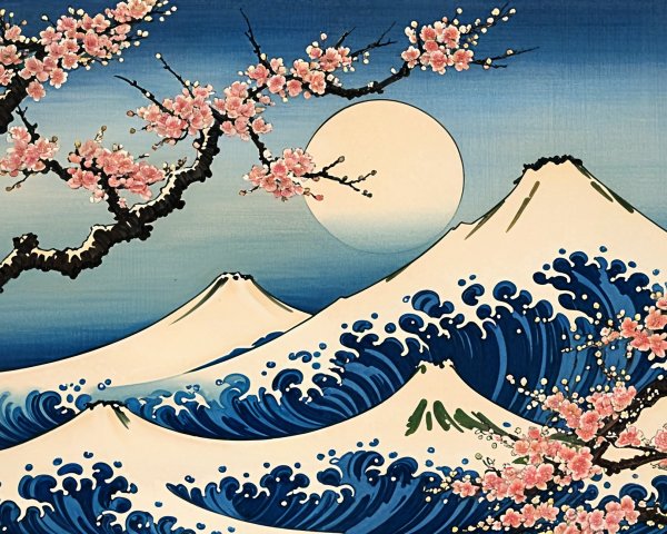 Serene Landscape with Mountains and Cherry Blossoms